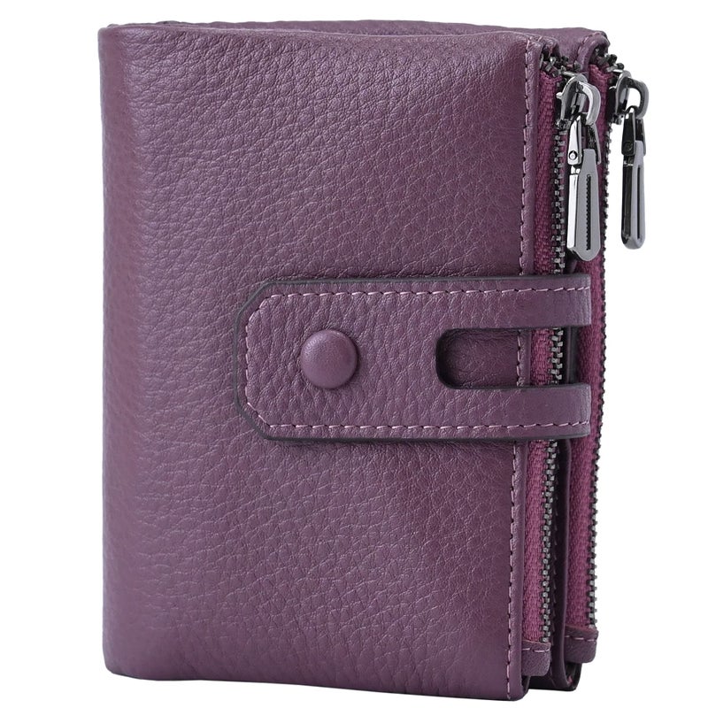 Bveyzi Small Soft Leather Wallet for Women RFID Blocking Ladies Card Holder with Double Zipper Pocket (Deep Plum) - Image 1