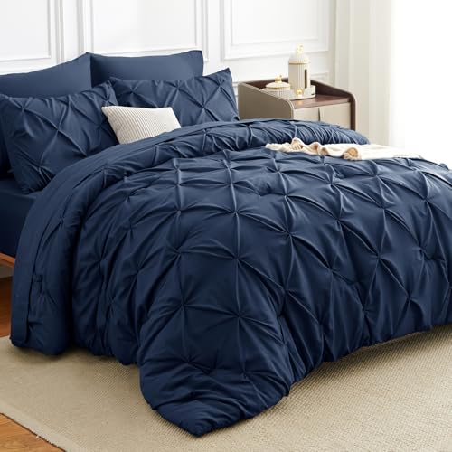HIMEET Pintuck Bed in a Bag, 7 Pieces Queen Size Comforter Set Navy Blue, Pinch Pleat Bed in a Bag, Soft All Season Bedding Sets with Comforter, Flat Sheet, Fitted Sheet and Pillowcases & Shams - Image 1