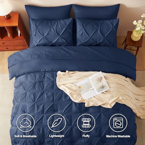 HIMEET Pintuck Bed in a Bag, 7 Pieces Queen Size Comforter Set Navy Blue, Pinch Pleat Bed in a Bag, Soft All Season Bedding Sets with Comforter, Flat Sheet, Fitted Sheet and Pillowcases & Shams - Image 2