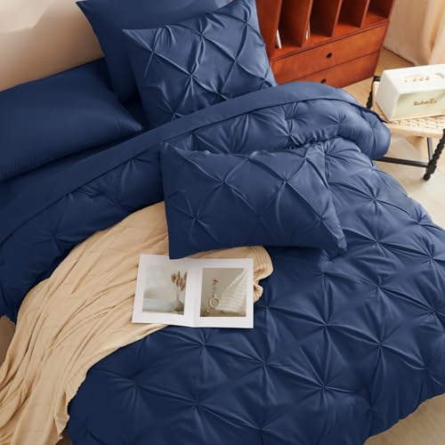 HIMEET Pintuck Bed in a Bag, 7 Pieces Queen Size Comforter Set Navy Blue, Pinch Pleat Bed in a Bag, Soft All Season Bedding Sets with Comforter, Flat Sheet, Fitted Sheet and Pillowcases & Shams - Image 4