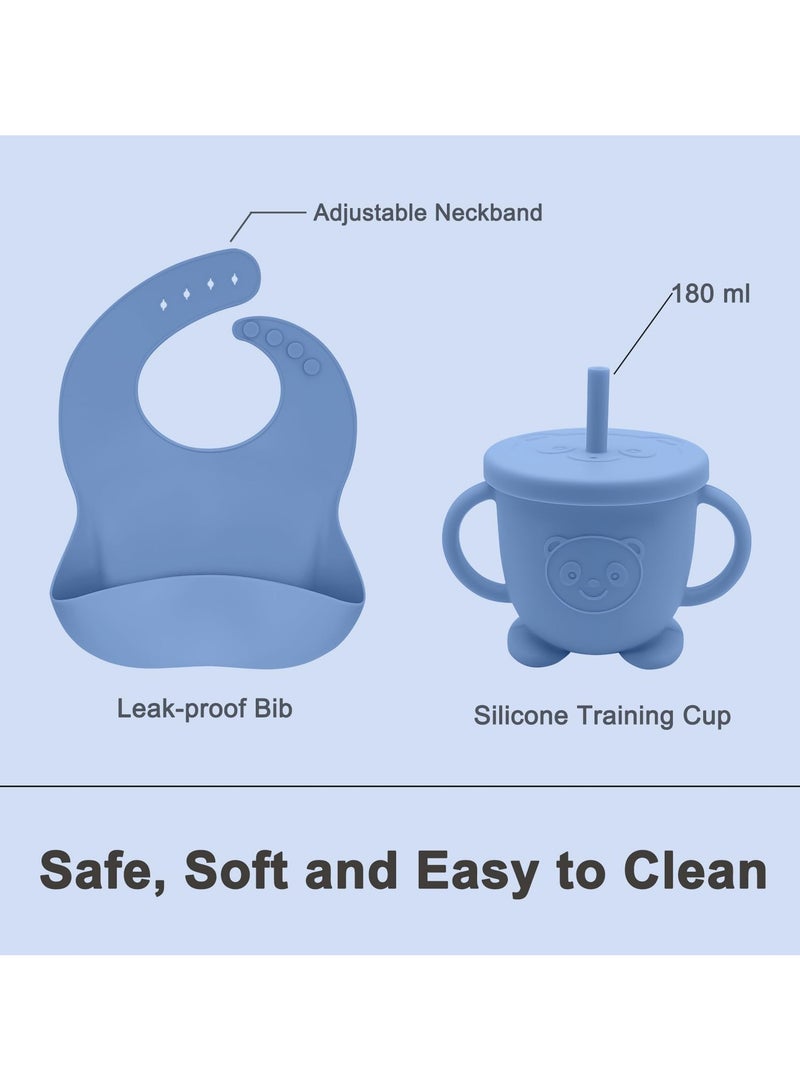 Flushrenic Silicone baby feeding set, 9-piece weaning set includes suction bowls and plates, baby spoons and forks, straw cups with straws and lids, baby feeding accessories, adjustable bibs - Image 5