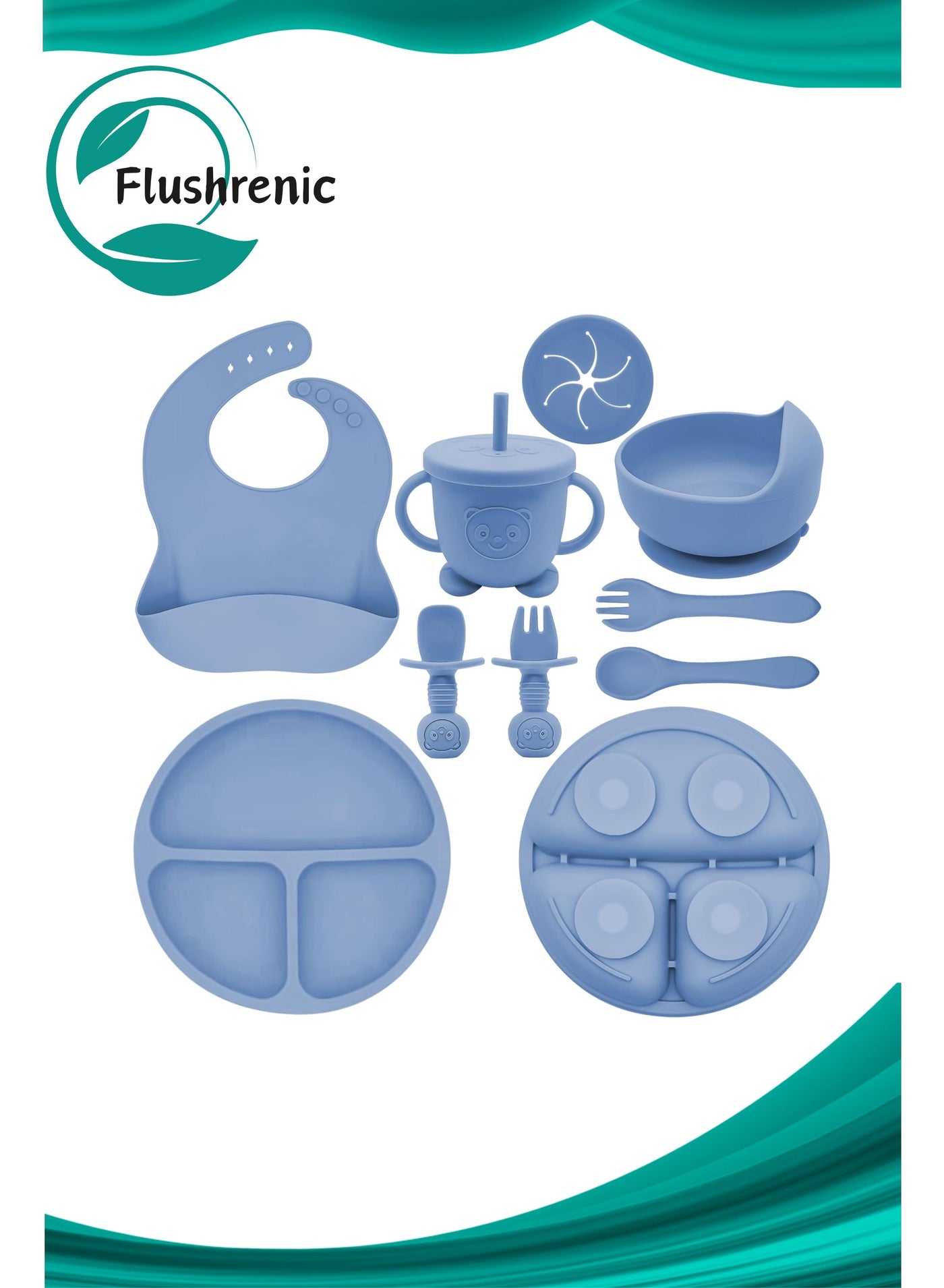 Flushrenic Silicone baby feeding set, 9-piece weaning set includes suction bowls and plates, baby spoons and forks, straw cups with straws and lids, baby feeding accessories, adjustable bibs