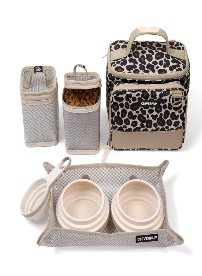 Cleverpup, Small 7-Piece Bistro Box Dog Food Travel Kit, 6-Cup Kibble Storage, 2 Silicone Bowls, Mat & Scoop - Premium Portable Pet Food Kit for Weekends, Overnights, Daycare & Camping, Leopard - Image 1