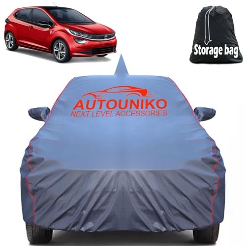 AUTOUNIKO 100% Waterproof Car Body Cover for Tata Altroz with Mirror and Antenna Pocket and Soft Cotton Lining (Full Bottom Elastic Triple Stitched) (Grey with Red Piping) - Image 1
