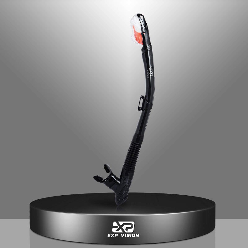 EXP VISION Swim Snorkel for Lap Swimming - Dry With One-Way Purge Valve, Adult Tube for Swimmer Training, Center Mount Silicone Mouthpiece for Diving (S-Black) - Image 1