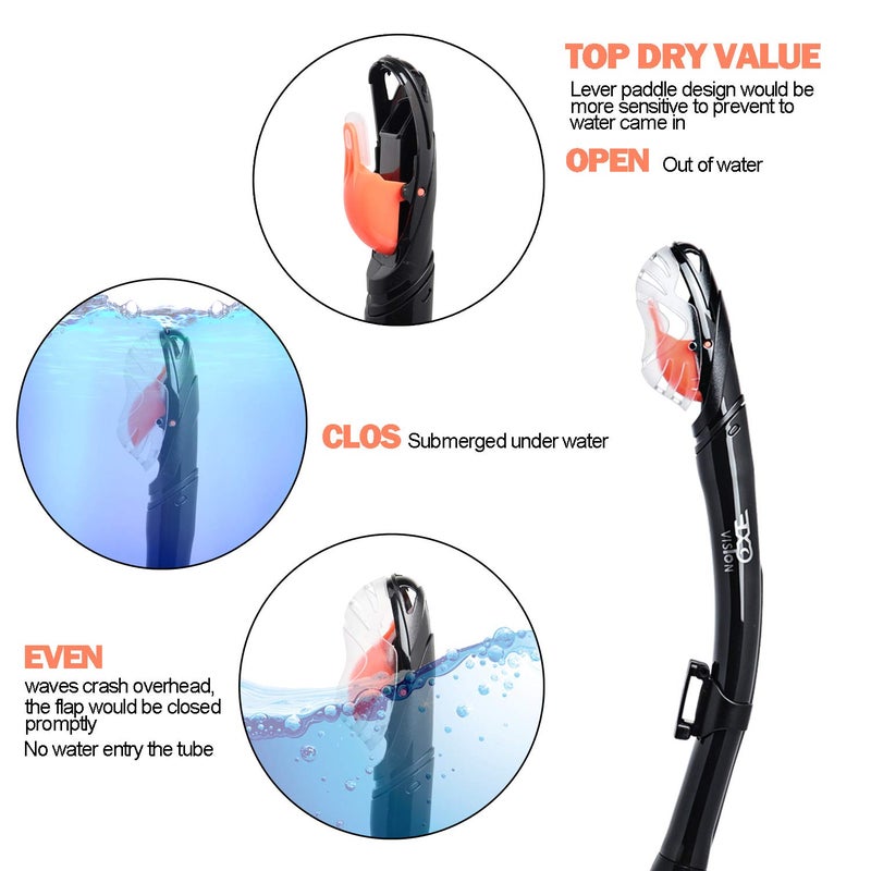EXP VISION Swim Snorkel for Lap Swimming - Dry With One-Way Purge Valve, Adult Tube for Swimmer Training, Center Mount Silicone Mouthpiece for Diving (S-Black) - Image 2