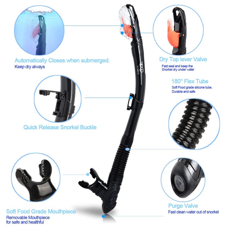 EXP VISION Swim Snorkel for Lap Swimming - Dry With One-Way Purge Valve, Adult Tube for Swimmer Training, Center Mount Silicone Mouthpiece for Diving (S-Black) - Image 4