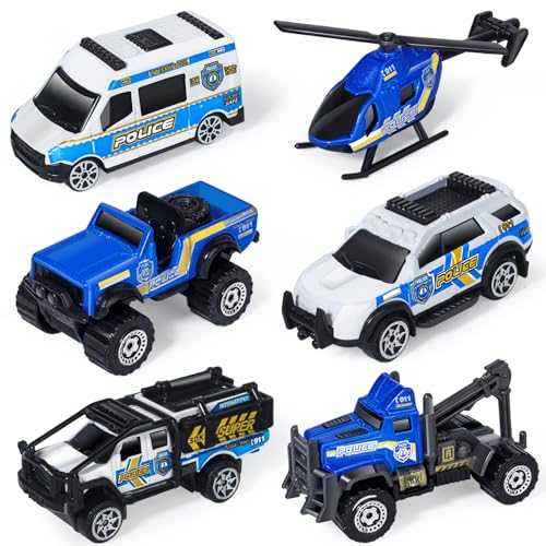 Oriate 6 PCS 164 DieCast Police Car Toys Emergency Vehicles Set Include Helicopter Tow Truck Toy ATV Cake Topper Police Cars Party Favors Birthday Gift for Boys Girls Ages 3 4 5 and Above - Image 1