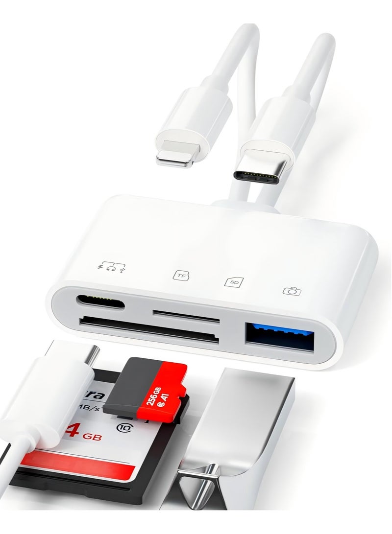 OLYSON USB C Lightning SD TF Card Reader, 4-in-2 Memory Card Reader for iPhone 15/iPad/Mac/Laptop, Dual Connector Digital Camera Card Adapter with SD+TF+USB OTG+USB C Charging for Photography, Plug and Play  - Image 1