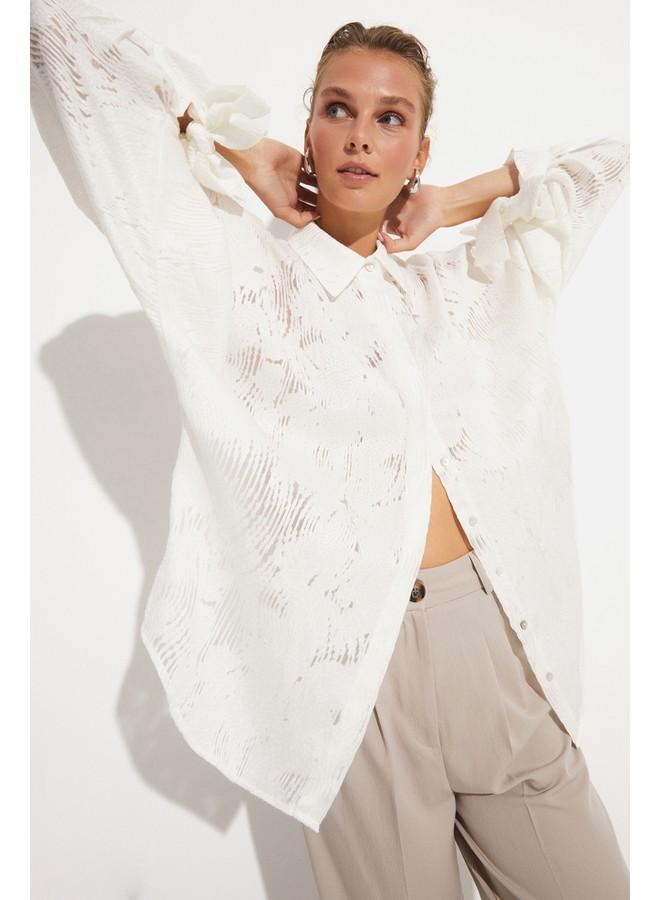 جون قميص نسائي من مزيج الفيسكوز بتفاصيل ربطة عنق بقصة واسعة - Image 1