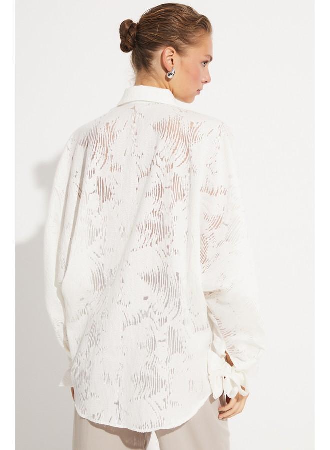 جون قميص نسائي من مزيج الفيسكوز بتفاصيل ربطة عنق بقصة واسعة - Image 3