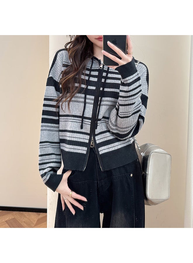 Tonlion 2025 Autumn Winter Women's Striped Zip-up Hoodie Cardigan - Image 1