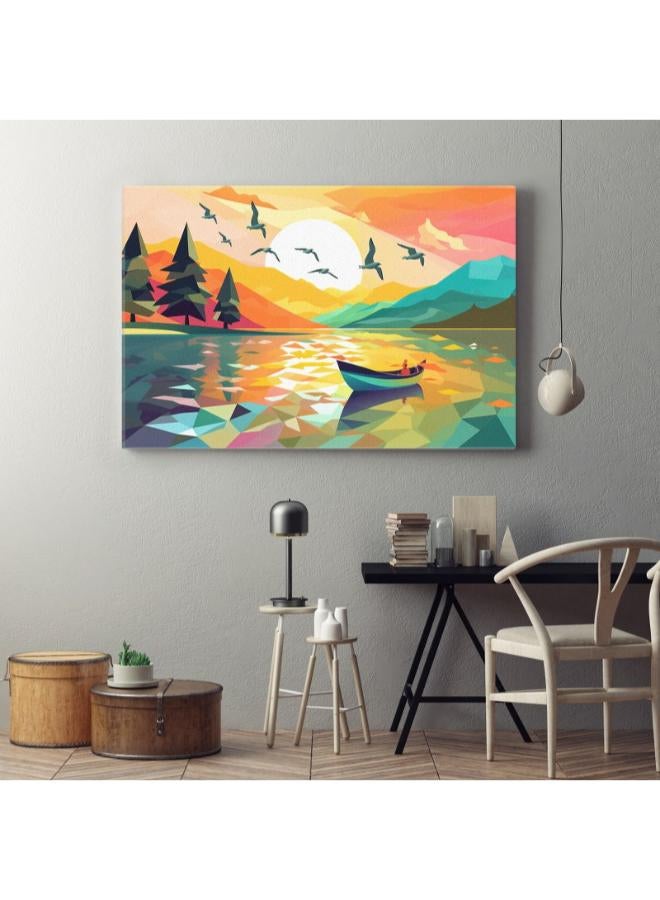 Home Gallery Colorful illustration boat lake with sunset and birds Printed Canvas wall art - Image 1
