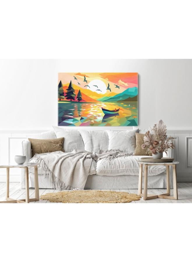 Home Gallery Colorful illustration boat lake with sunset and birds Printed Canvas wall art - Image 4