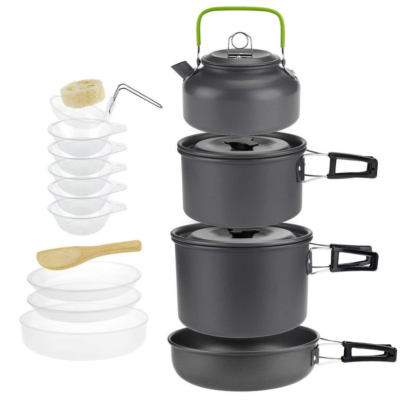DPCR Camping Cookware Mess Kit of 16 pcs for Backpacking Gear – Camping Cooking Pots and Pans Set - Backpacking - Camp Kitchen Equipment Accessories Lightweight - Image 1