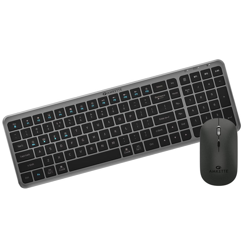 Amkette مجموعة لوحة المفاتيح والماوس اللاسلكية القابلة لإعادة الشحن Wi-Key Max متعددة الأجهزة (3 في 1) | تبديل الأجهزة بنقرة واحدة والوصول الذكي لـ iOS وWindows وAndroid | مفاتيح مقص، تخطيط مزدوج لنظام التشغيل | 3200 DPI - Image 1