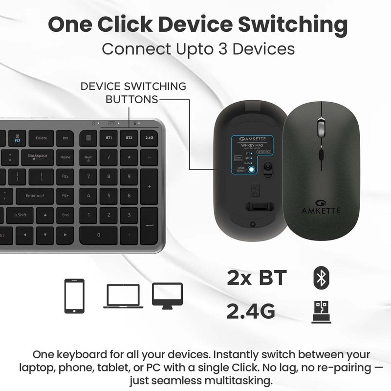 Amkette مجموعة لوحة المفاتيح والماوس اللاسلكية القابلة لإعادة الشحن Wi-Key Max متعددة الأجهزة (3 في 1) | تبديل الأجهزة بنقرة واحدة والوصول الذكي لـ iOS وWindows وAndroid | مفاتيح مقص، تخطيط مزدوج لنظام التشغيل | 3200 DPI - Image 2