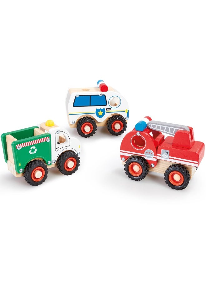 Addo Woodlets Chunky Wooden Vehicles, Assorted 1 Piece (Style & Color May Vary) Each Sold Separately | Fire Truck, Police Van & Recycling Truck | Toy Vehicle | Preschool Toy | Wooden Toy for Toddlers | Interactive Toy | Early Learning Toy | Helps with Motor Skill Development | Perfect Gift for Baby and Toddler - Image 1