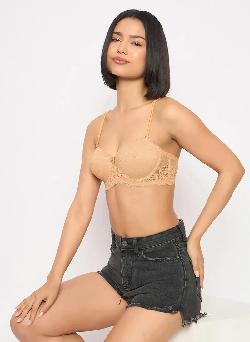 Clovia Clovia Padded Underwired Full Coverage Multiway Strapless Balconette Bra in Nude Colour - Lace