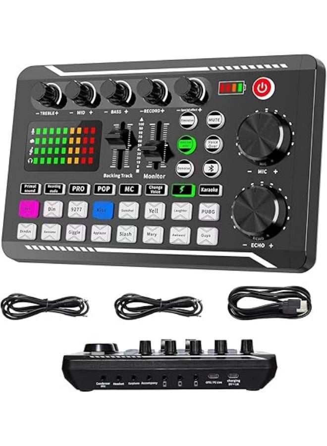 بطاقة صوت حية وواجهة صوت مع تأثيرات ميكسر دي جي ومغير صوت، ميكسر صوت ستيريو بلوتوث F988 للبث المباشر على يوتيوب والكمبيوتر واستوديو التسجيل والألعاب - Image 1