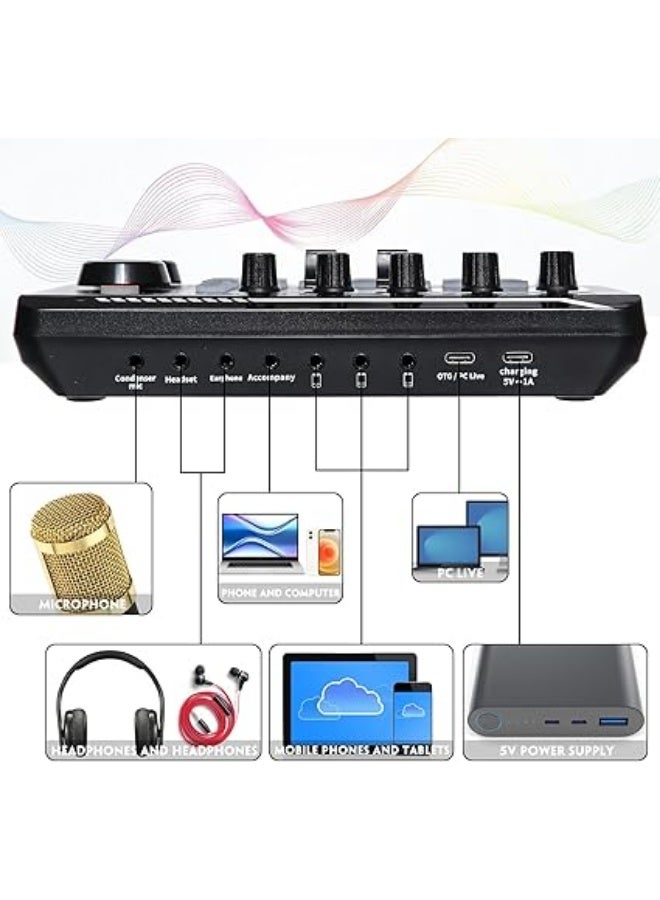 بطاقة صوت حية وواجهة صوت مع تأثيرات ميكسر دي جي ومغير صوت، ميكسر صوت ستيريو بلوتوث F988 للبث المباشر على يوتيوب والكمبيوتر واستوديو التسجيل والألعاب - Image 3