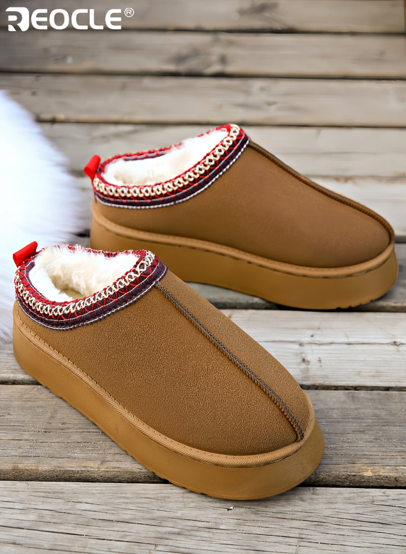 ريوكل أحذية نسائية ذات منصة مع بطانة من الفرو الصناعي وتصميم جزمة صغيرة، أحذية منزلية مريحة مع راحة داخلية وخارجية لدفء الشتاء - Image 5