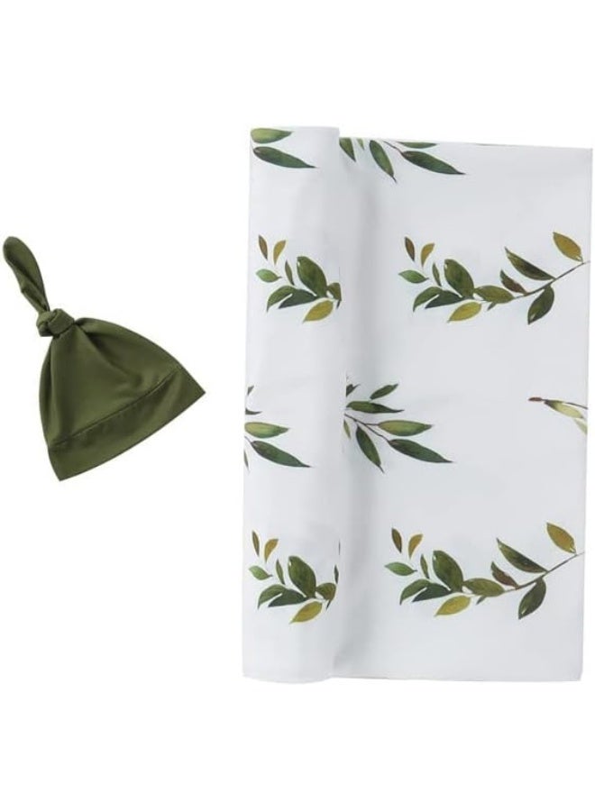 Little Jump Little Jump stretchy baby Swaddle Blanket and Hat Bow Set, Olive Branches Jersey Cotton Receiving Blanket, newborn hospital outfit for Boys (Green)  - Image 5