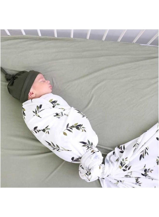 Little Jump Little Jump stretchy baby Swaddle Blanket and Hat Bow Set, Olive Branches Jersey Cotton Receiving Blanket, newborn hospital outfit for Boys (Green)  - Image 2
