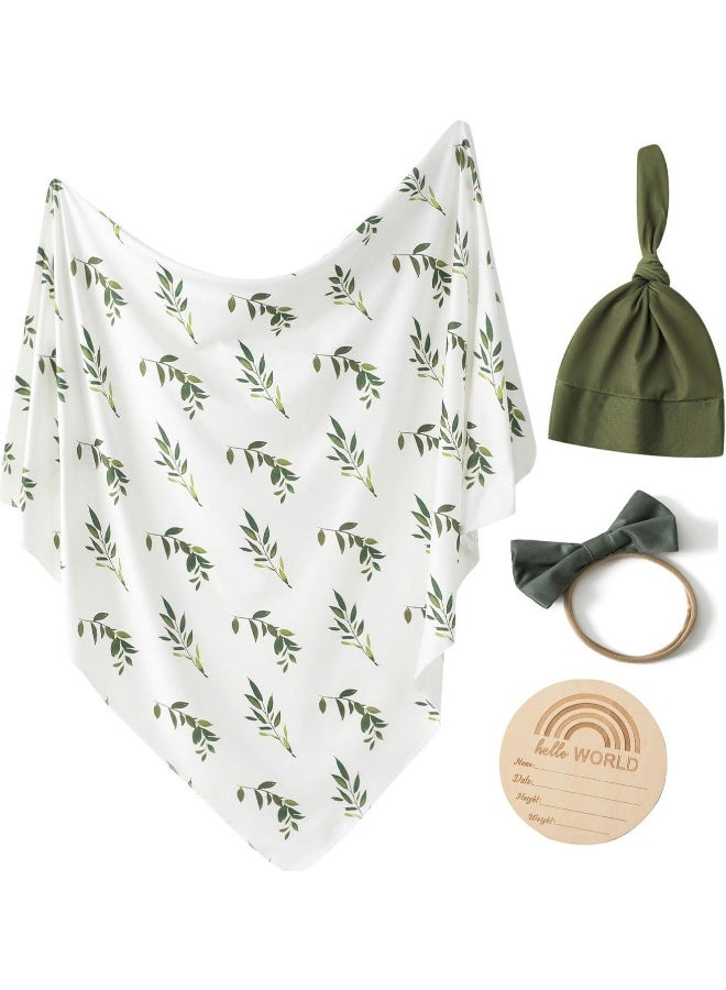 Little Jump Little Jump stretchy baby Swaddle Blanket and Hat Bow Set, Olive Branches Jersey Cotton Receiving Blanket, newborn hospital outfit for Boys (Green)  - Image 1