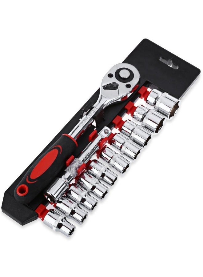 12-Piece 1/4-Inch (6.3mm) Hex Ratchet Wrench Set with Hex Socket and Hex Screwdriver, Chrome Vanadium, 4-13mm Drive Socket, Compact Repair Tool Kit for Automotive and Mechanics - Image 1