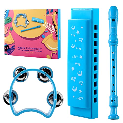 EAST TOP 3Pcs Recorder Musical Instrument Set Including HarmonicaFluteTambourine for KidsChildrenStudents Playing As Gift Blue Color - Image 1