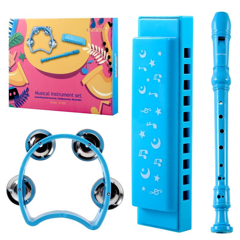 EAST TOP 3Pcs Recorder Musical Instrument Set Including HarmonicaFluteTambourine for KidsChildrenStudents Playing As Gift Blue Color - Image 2