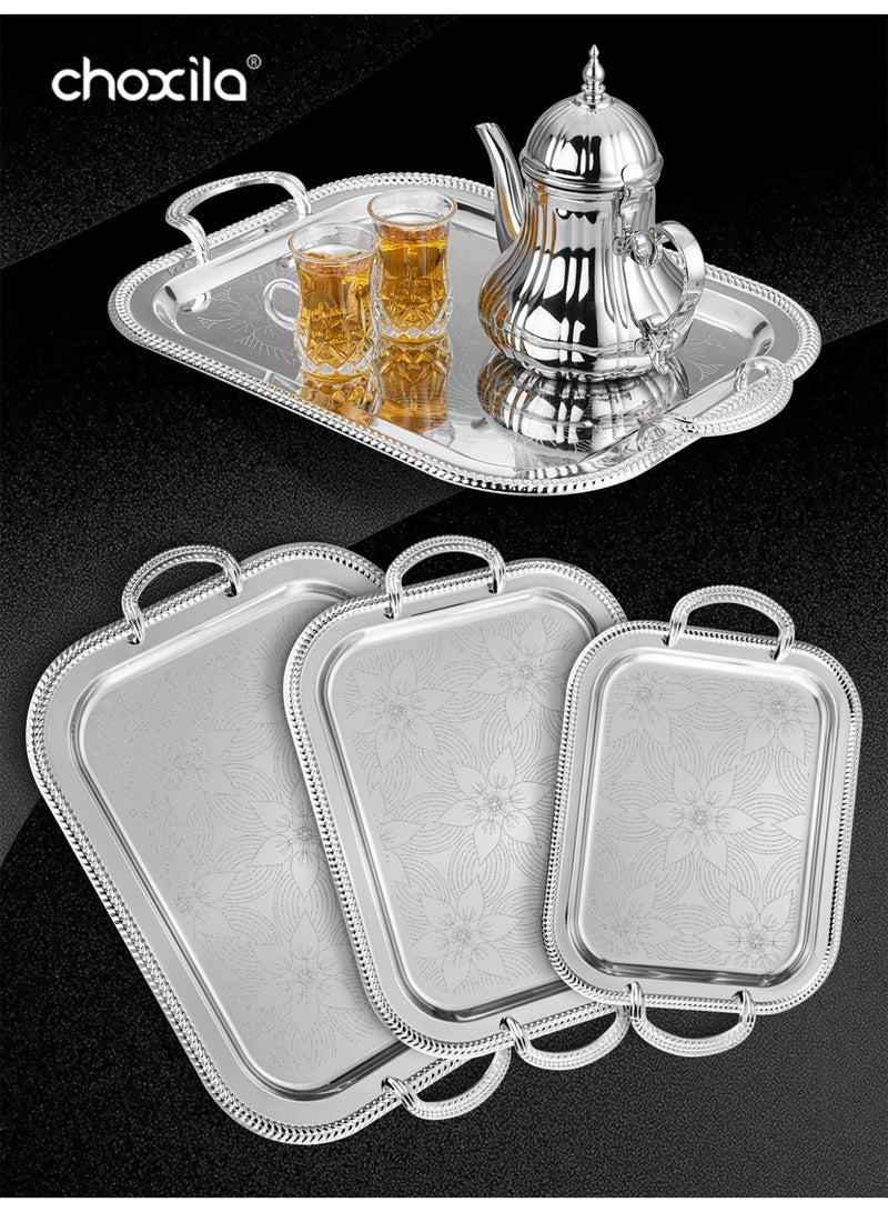 choxila 3-Piece Set Silver Patterned Tray with Handles – Multi-Purpose Serving Tray, Decorative Platter, Jewelry & Cosmetic Organizer – Ideal for Coffee Corner Decor, Bedroom, Living Room, Office, Hotel, Afternoon Tea, House Parties & Holiday Gifts - Image 5