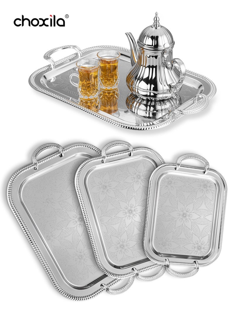 choxila 3-Piece Set Silver Patterned Tray with Handles – Multi-Purpose Serving Tray, Decorative Platter, Jewelry & Cosmetic Organizer – Ideal for Coffee Corner Decor, Bedroom, Living Room, Office, Hotel, Afternoon Tea, House Parties & Holiday Gifts - Image 3