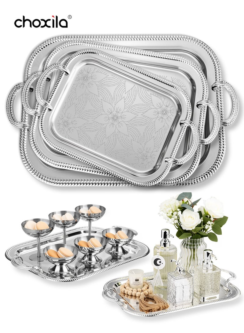 choxila 3-Piece Set Silver Patterned Tray with Handles – Multi-Purpose Serving Tray, Decorative Platter, Jewelry & Cosmetic Organizer – Ideal for Coffee Corner Decor, Bedroom, Living Room, Office, Hotel, Afternoon Tea, House Parties & Holiday Gifts - Image 1