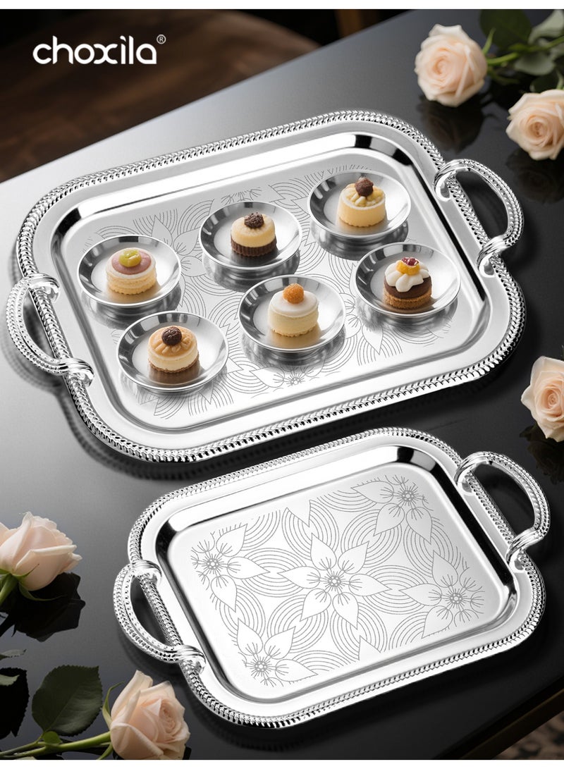 choxila 3-Piece Set Silver Patterned Tray with Handles – Multi-Purpose Serving Tray, Decorative Platter, Jewelry & Cosmetic Organizer – Ideal for Coffee Corner Decor, Bedroom, Living Room, Office, Hotel, Afternoon Tea, House Parties & Holiday Gifts - Image 4