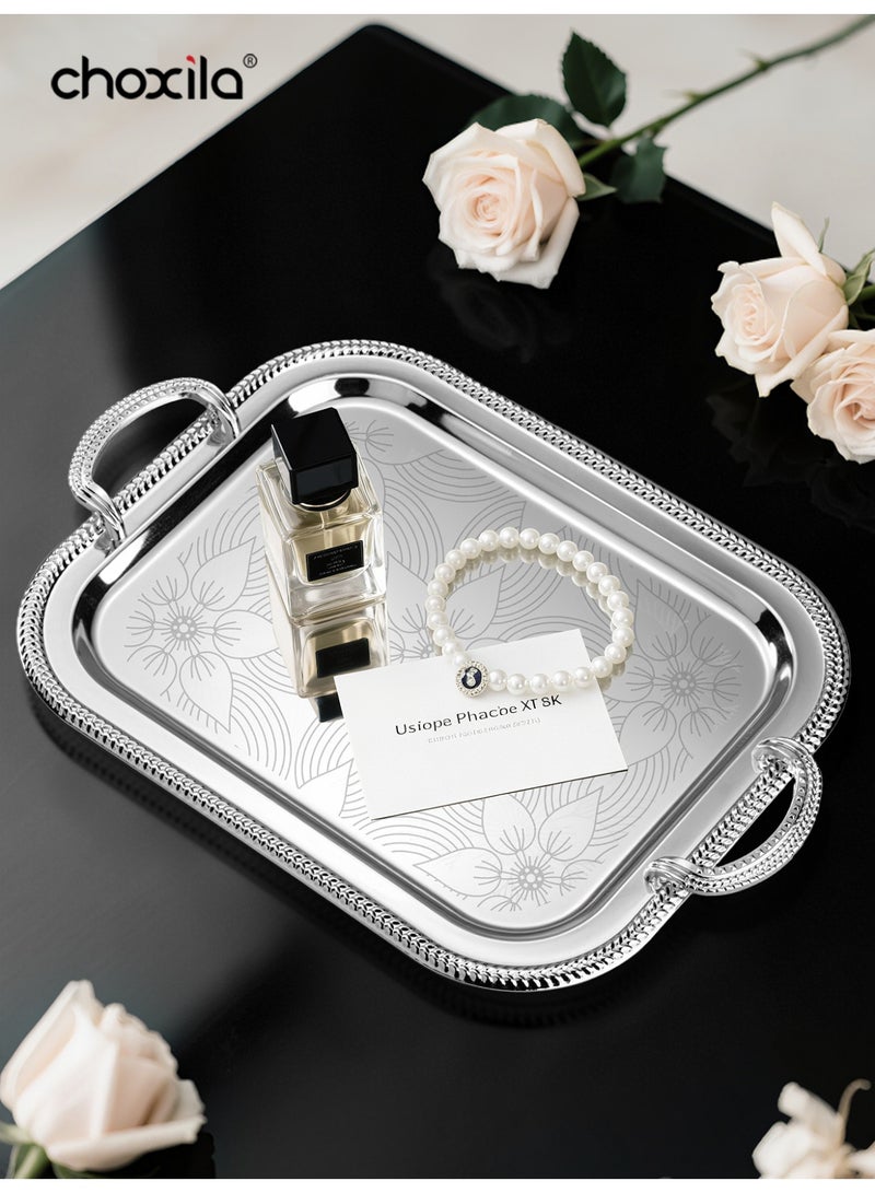 choxila 3-Piece Set Silver Patterned Tray with Handles – Multi-Purpose Serving Tray, Decorative Platter, Jewelry & Cosmetic Organizer – Ideal for Coffee Corner Decor, Bedroom, Living Room, Office, Hotel, Afternoon Tea, House Parties & Holiday Gifts - Image 2