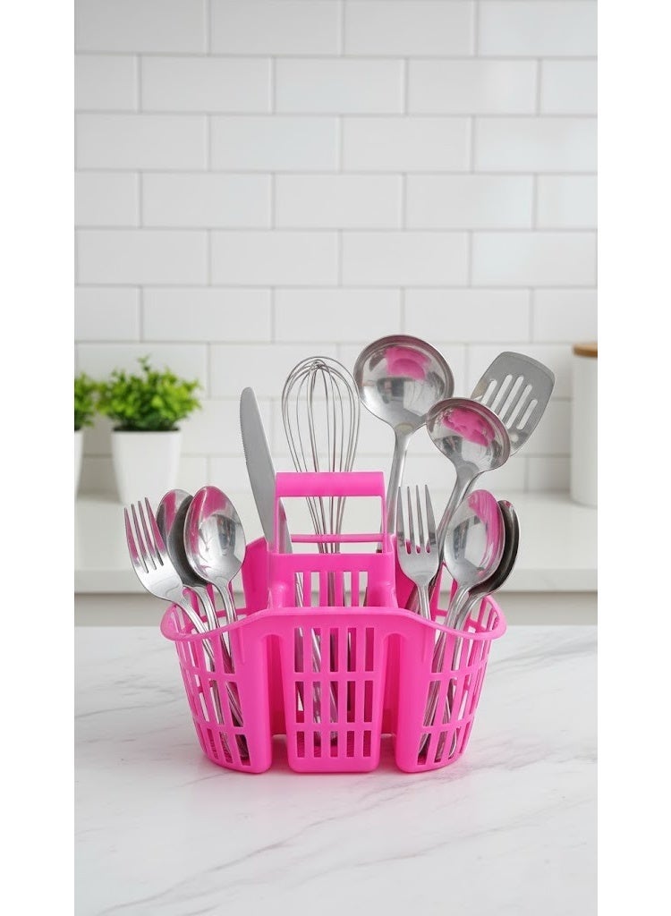 3-Compartment Plastic Cutlery Drainer & Utensil Holder - Kitchen Caddy with Safety Knife Slots & Carry Handle - Fast Drying Design - Pink (Fuchsia) - Image 2