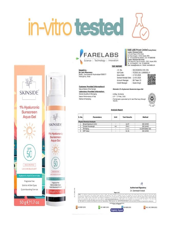SkinSide 1% Hyaluronic In Vivo Tested Sunscreen Aqua Gel Ultra Light SPF 50 PA++++ | UVA UVB & Blue Light Protection | Zero White Cast | For All Skin Types | For Men & Women (50g) - Image 2