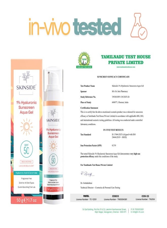 SkinSide 1% Hyaluronic In Vivo Tested Sunscreen Aqua Gel Ultra Light SPF 50 PA++++ | UVA UVB & Blue Light Protection | Zero White Cast | For All Skin Types | For Men & Women (50g) - Image 1