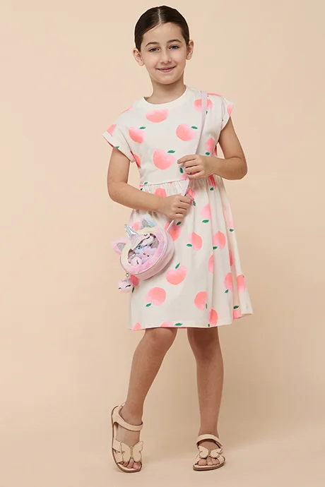 أر أند بي Printed Flared Dress with Crew neck and Short Sleeves