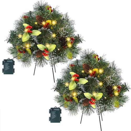 Glintoper Prelit Christmas Urn Filler Lighted Artificial Mini Xmas Pine Trees with Tripod Stake Light Up 8 Modes  Timer Battery Powered Outdoor Planter Filler Festival Holiday Home Decor 2 Pack