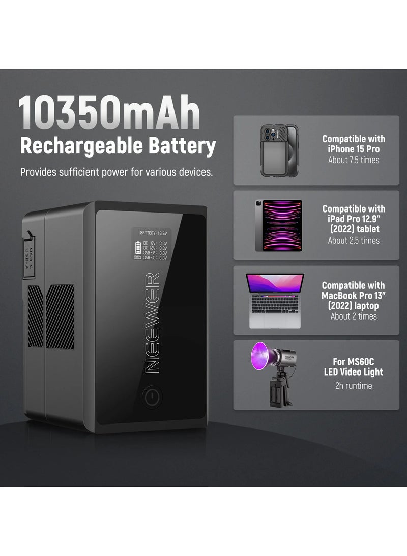 نيوير NEEWER V Mount Battery PS150E Supports 100W PD USB C Fast Charging, 10350mAh 150Wh 14.54V, with D Tap/USB C/USB A/BP/Dual DC Ports/OLED Screen, V Lock Battery for Camera Camcorder Monitor Video Light black - Image 4