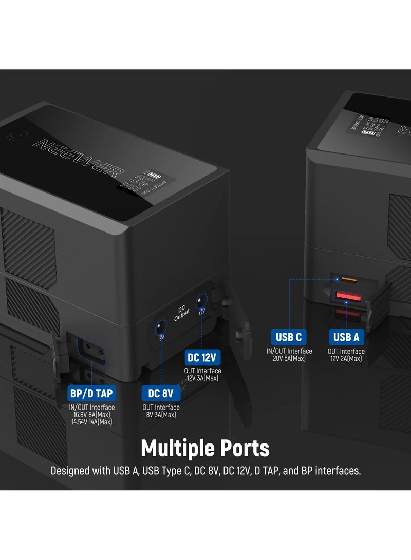 نيوير NEEWER V Mount Battery PS150E Supports 100W PD USB C Fast Charging, 10350mAh 150Wh 14.54V, with D Tap/USB C/USB A/BP/Dual DC Ports/OLED Screen, V Lock Battery for Camera Camcorder Monitor Video Light black - Image 3