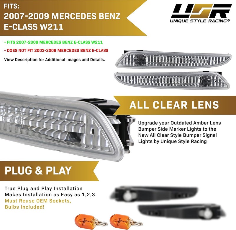 USR UNIQUE STYLE RACING أضواء علامة الجانب USR 07-09 W211 - مصابيح علامة الجانب لمصد السيارة الأمامي لمرسيدس بنز E Class - Image 5