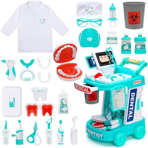 maysida Dentist Play Set Toy for Kids Pretend Play Medical Toy Dentist Cart Dental Toy with Fake Teeth Doctor Toy for Toddlers 35 Christmas Birthday Costume Role Play Dress Up Gift Ideas for Boys Girls - Image 1
