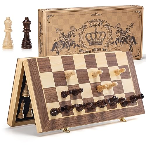 ASNEY Upgraded Magnetic Chess Set, 15" Tournament Staunton Wooden Chess Board Game Set with Magnets, Crafted Chesspiece ans Storage Slots for Kids Adult, Includes Extra Queens - Image 1