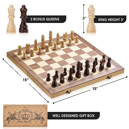 ASNEY Upgraded Magnetic Chess Set, 15" Tournament Staunton Wooden Chess Board Game Set with Magnets, Crafted Chesspiece ans Storage Slots for Kids Adult, Includes Extra Queens - Image 3