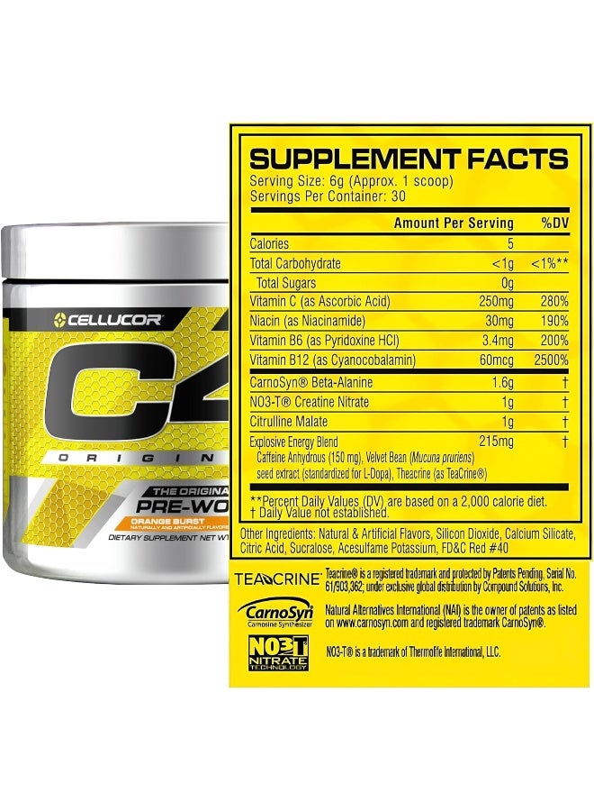 سيلوكور مسحوق C4 الأصلي قبل التمرين خالٍ من السكر، يحتوي على بيتا ألانين وفيتامين C لدعم الطاقة والتركيز والأداء، بنكة انفجار البرتقال – 30 حصة. - Image 3