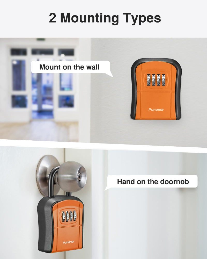 Puroma Key Lock Box, Portable Combination Lockbox Wall-Mounted Key Storage Box for House Keys, Resettable Code Safe Security Lock Box for Home, Office, Apartment Spare Key Storage (1 Pack, Orange) - Image 2